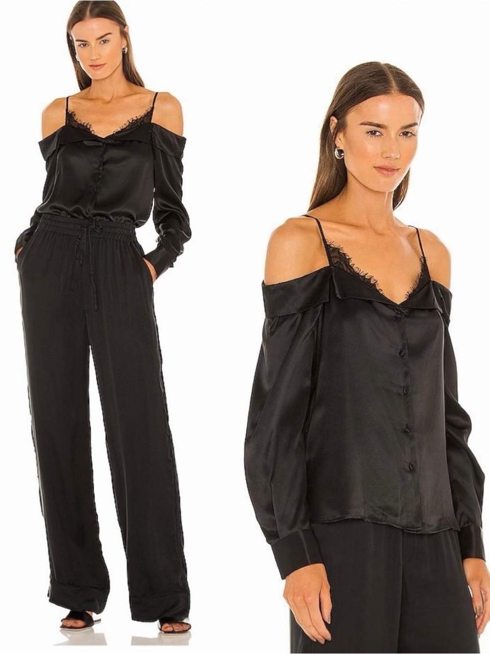 JONATHAN SIMKHAI Caylee Black Silk Lace Off Shoulder Blouse Top Size Small New
